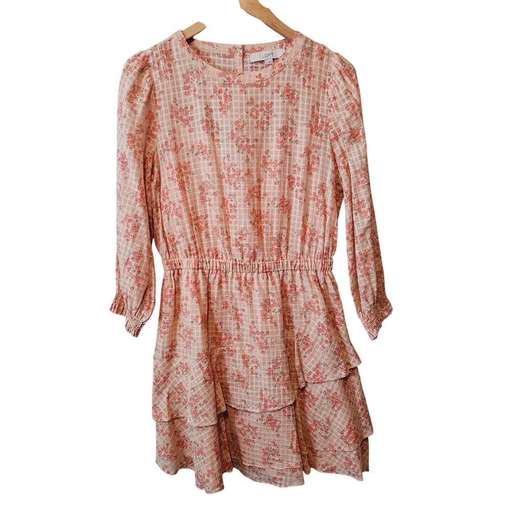 Loft Peach Pink Floral Grid Tiered Ruffle Mini Dress Small Long Sleeve Cotton